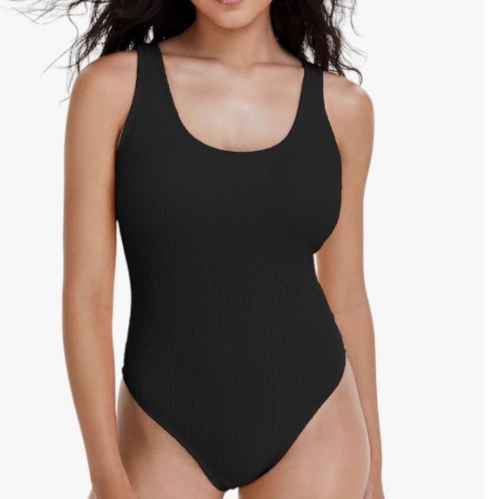 Cotton On Womens Black Ribbed Low Back Cheeky One Piece Tank Swimsuit Small